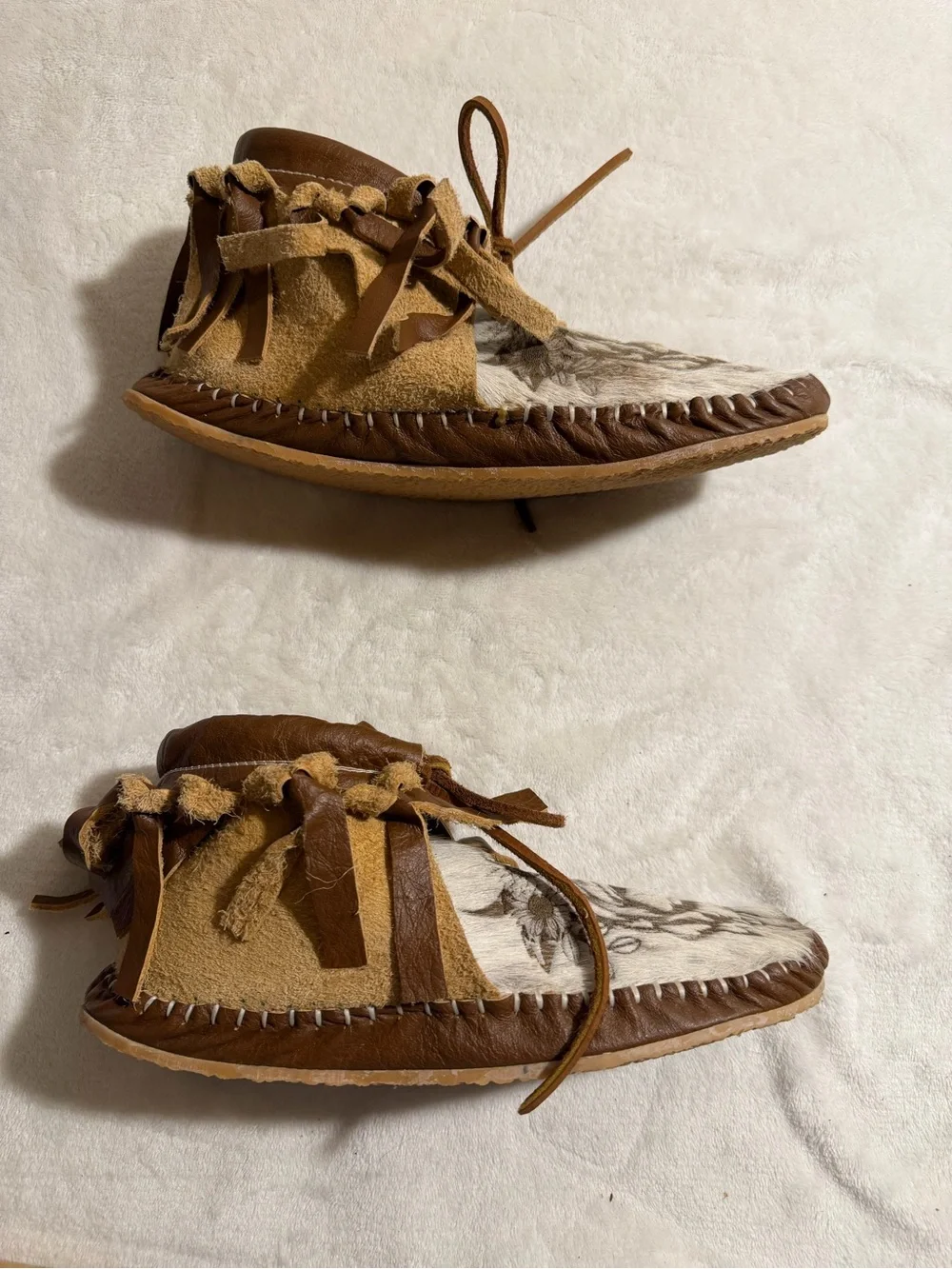 Brown Faux Fur Moccasin Boots with Highland Cow Design